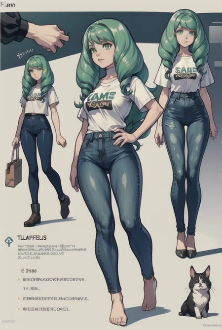 flayn, <lora:flayn-nvwls-v1-final:1>, full body shot, feet, high waisted jeans, t-shirt