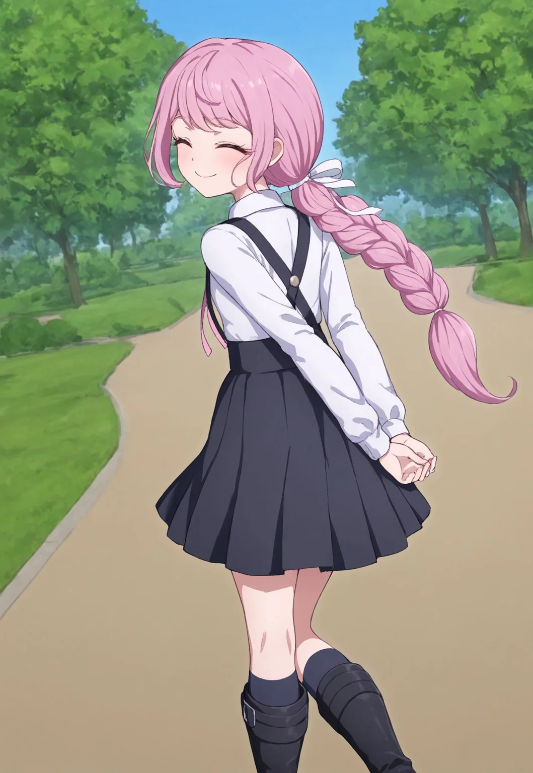 masterpiece, best quality, amazing quality, very aesthetic, absurdres, TNTsurukoSemba
1girl, closed eyes, pink hair, long braided ponytail, white hair ribbon, white collared shirt, pink neck ribbon, black suspender skirt, black socks, kneehighs, black knee boots, looking back, smile, from behind, arms behind back, walking, outside, blue sky, park