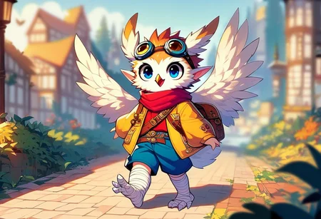 score_9, score_8_up, score_7_up, source_cartoon, 1boy, solo, full body, owlfolk, child, thin body, explorer outfit, ((yellow feathers)), orange hair, white face, white beak, blue eyes, three fingers, white hands, white face, long white tail, wolf tail, (huge pointed ears), white ears, yellow jacket, open jacket, red shirt, blue shorts, red scarf, white leg wraps, two-toed feet, goggles on head, satchel on waist, outdoor, fantasy background, nature, blurred background, cheerful, smile, open mouth, wings, cowboy shot