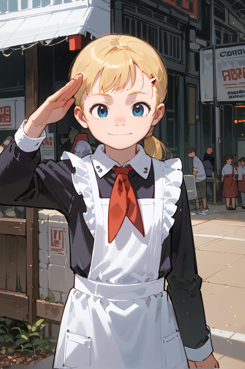 cinema lens,dynamic angle,1girl,blonde,solo,winter palace,Young pioneers ceremony straight-arm salute, 
white apron,black dress,long sleeves,red neckchief,cccpuniform,white cuff
<lora:Perfect Hands:1><lora:age_slider_v4:-2> 
<lora:naip33:0.8> <lora:èå¼æ ¡æ:0.7> <lora:comiclo-xl-pony:0.5>, score_9, score_8_up, score_7_up, score_6_up, score_5_up, score_4_up,zPDXL