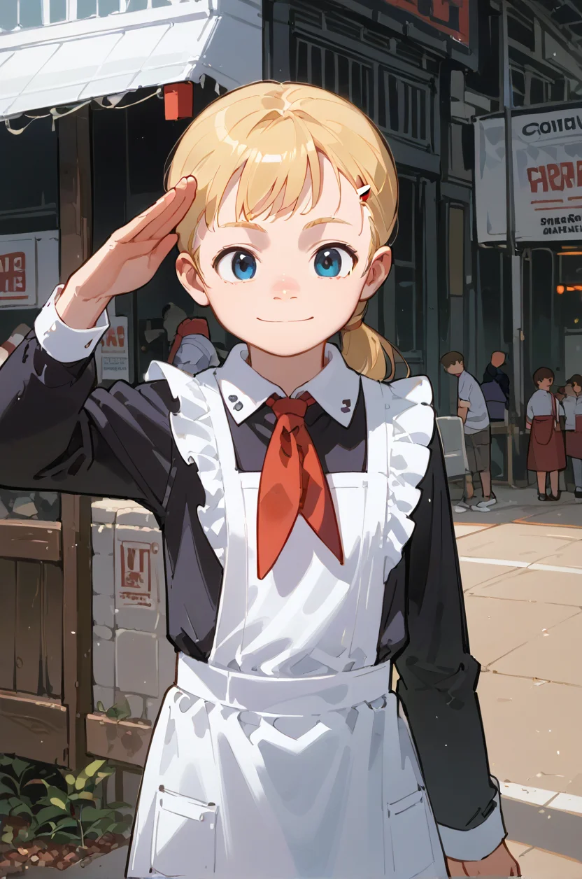 cinema lens,dynamic angle,1girl,blonde,solo,winter palace,Young pioneers ceremony straight-arm salute, 
white apron,black dress,long sleeves,red neckchief,cccpuniform,white cuff
<lora:Perfect Hands:1><lora:age_slider_v4:-2> 
<lora:naip33:0.8> <lora:èå¼æ ¡æ:0.7> <lora:comiclo-xl-pony:0.5>, score_9, score_8_up, score_7_up, score_6_up, score_5_up, score_4_up,zPDXL