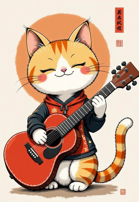 Comic, illustration
Chinese ink painting style, CAT with a guitar,