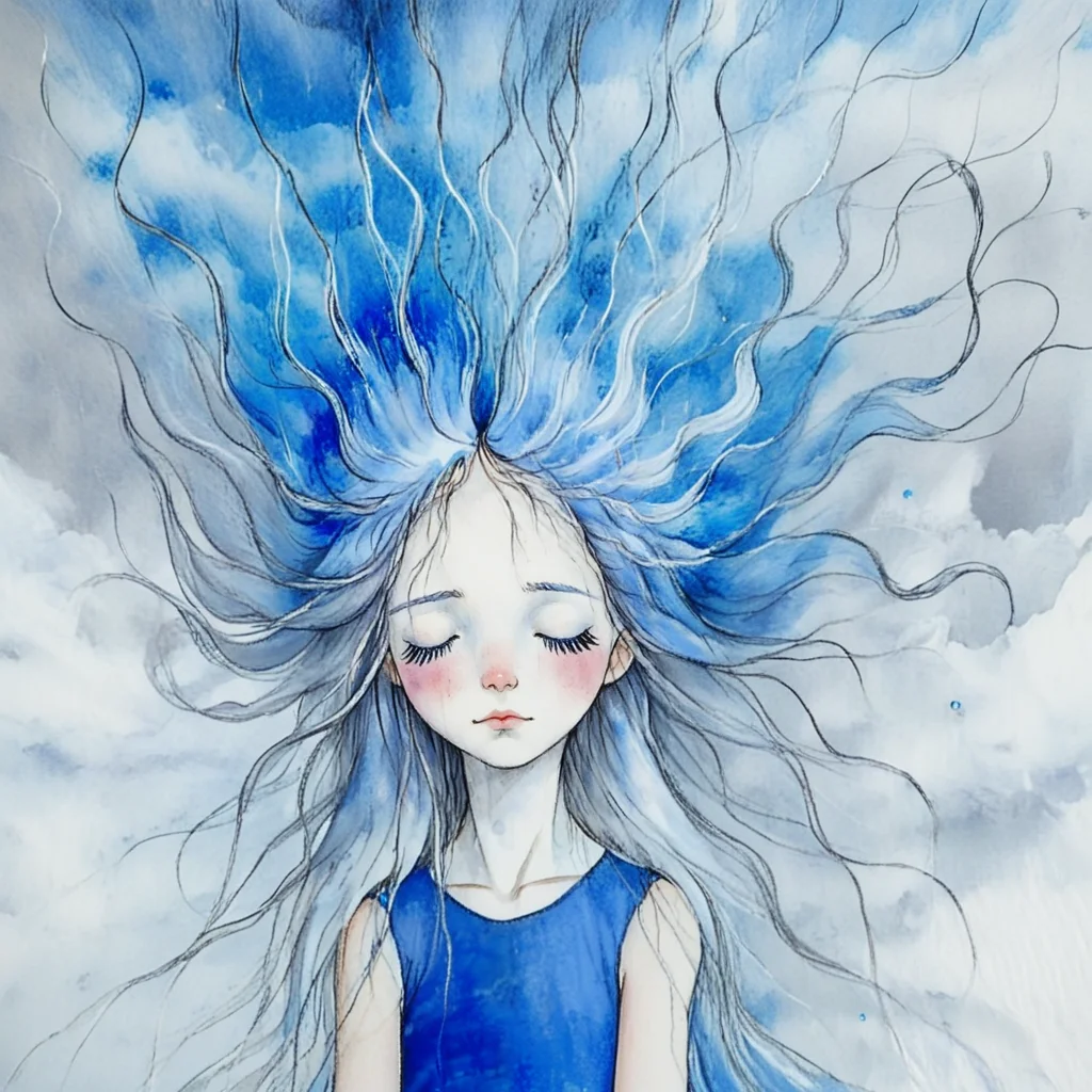 <lora:Blue_Watercolor_DreamscapeSDXL:1> ArsMJStyle, Blue Watercolor Dreamscape, The image is a watercolor painting of a young girl with long flowing blue hair. The hair is made up of multiple strands of blue and white creating a cloud-like effect. The girl is wearing a blue dress and has her eyes closed as if she is deep in thought. The background is a light grey color and the overall mood of the image is peaceful and serene. The painting is done in a loose sketch-like style with loose brushstrokes and vibrant colors., 1girl, solo, closed eyes, traditional media, long hair, floating hair, painting (medium), watercolor (medium), white hair, upper body