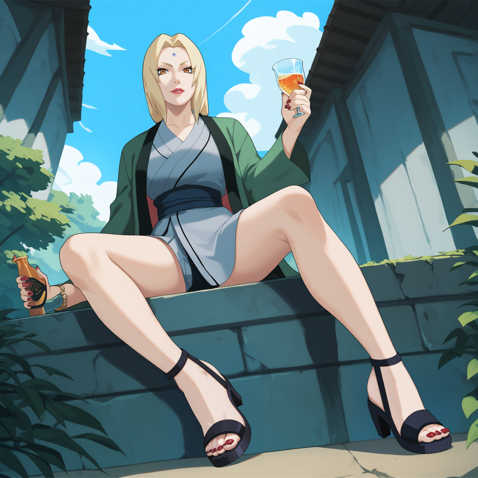 Perfect Hands,Perfect feet, score_9, score_8_up, score_7_up, score_6_up,  score_anime,1girl, tsunade (naruto),tsunade's green Jacket \(clothes\),red nails,leg up,looking at viewer, shoes, spread legs,  <lora:tsunade_train_v5-000009:0.9>,sitting, tsunade's sandals \(sandals\),from below, forehead mark,<lora:Perfect Hands:0.8>  <lora:Smooth_Anime_2_Style_SDXL_LoRA_Pony_Diffusion_V6_XL:0.8>