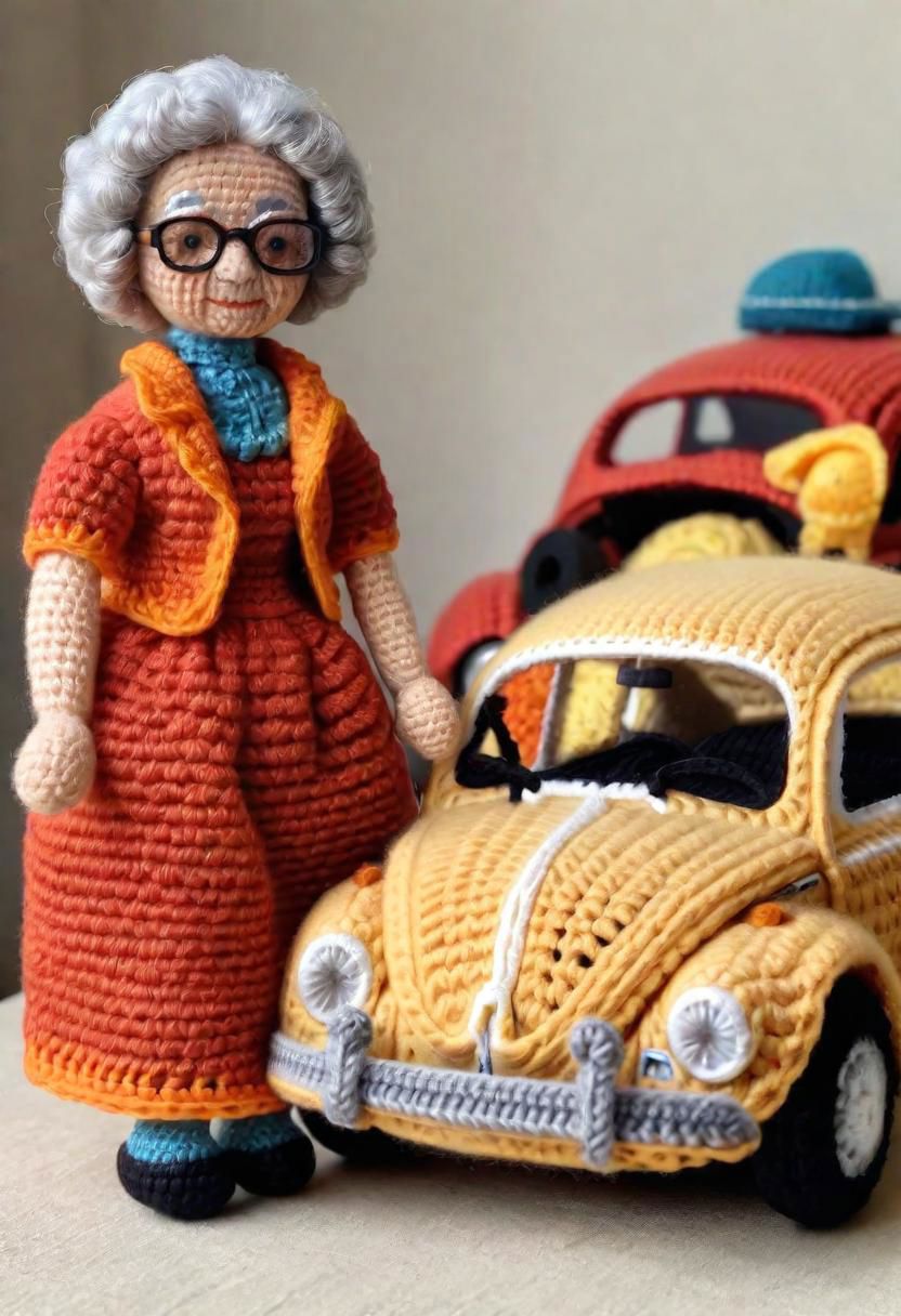 Crocheted Grandma Doll standing beside a toy Volkswagen Beetle