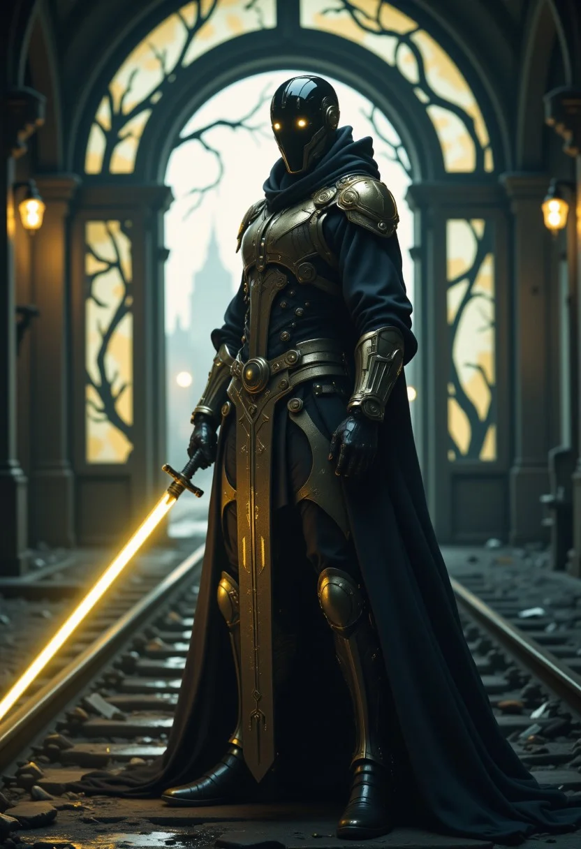 A breathtaking graffitipunk art-nouveau dark fantasy scene. A decayed, neon-lit train station looms in the background, its arched windows etched with elegant, glowing vines. In the foreground, a male, a lone swordsman stands, Full Helmet with a Black Mirrored Face Shield, no eyes, their blade pulsing with a dim yellow-gold glow. The figure’s attire is a fusion of Cyborg Power Armor and flowing art-nouveau robes, adorned with intricate patterns of gold and silver circuitry. The atmosphere is suffused with tension, as flickering white fluorescent lights cast haunting shadows, blending urban decay with an air of mystical enchantment