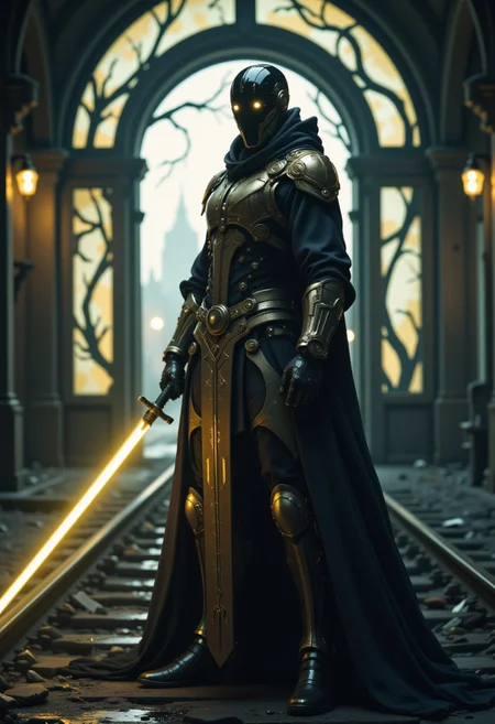 A breathtaking graffitipunk art-nouveau dark fantasy scene. A decayed, neon-lit train station looms in the background, its arched windows etched with elegant, glowing vines. In the foreground, a male, a lone swordsman stands, Full Helmet with a Black Mirrored Face Shield, no eyes, their blade pulsing with a dim yellow-gold glow. The figure’s attire is a fusion of Cyborg Power Armor and flowing art-nouveau robes, adorned with intricate patterns of gold and silver circuitry. The atmosphere is suffused with tension, as flickering white fluorescent lights cast haunting shadows, blending urban decay with an air of mystical enchantment