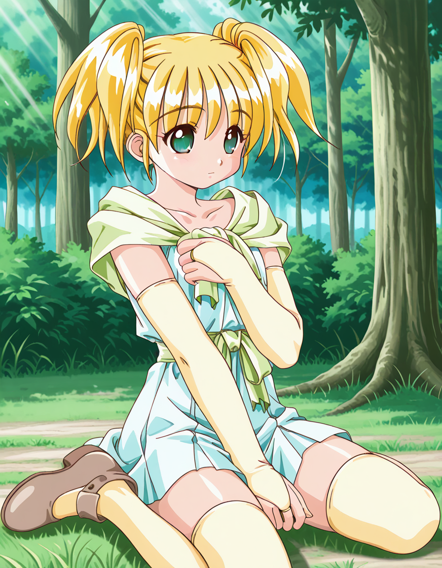 score_9, score_8_up, score_7_up, anime BREAK official art, solo, 1girl, one girl, 
<lora:Maria_Short:1>, Maria Short, 
1girl, solo, thighhighs, blonde hair, green eyes, twintails, sitting, tree, nature, short twintails, wariza, zettai ryouiki, bridal gauntlets, yellow thighhighs, shoes, dress
(masterpiece:1.3), best quality, high resolution, unity 8k wallpaper, extremely detailed CG, 8K,