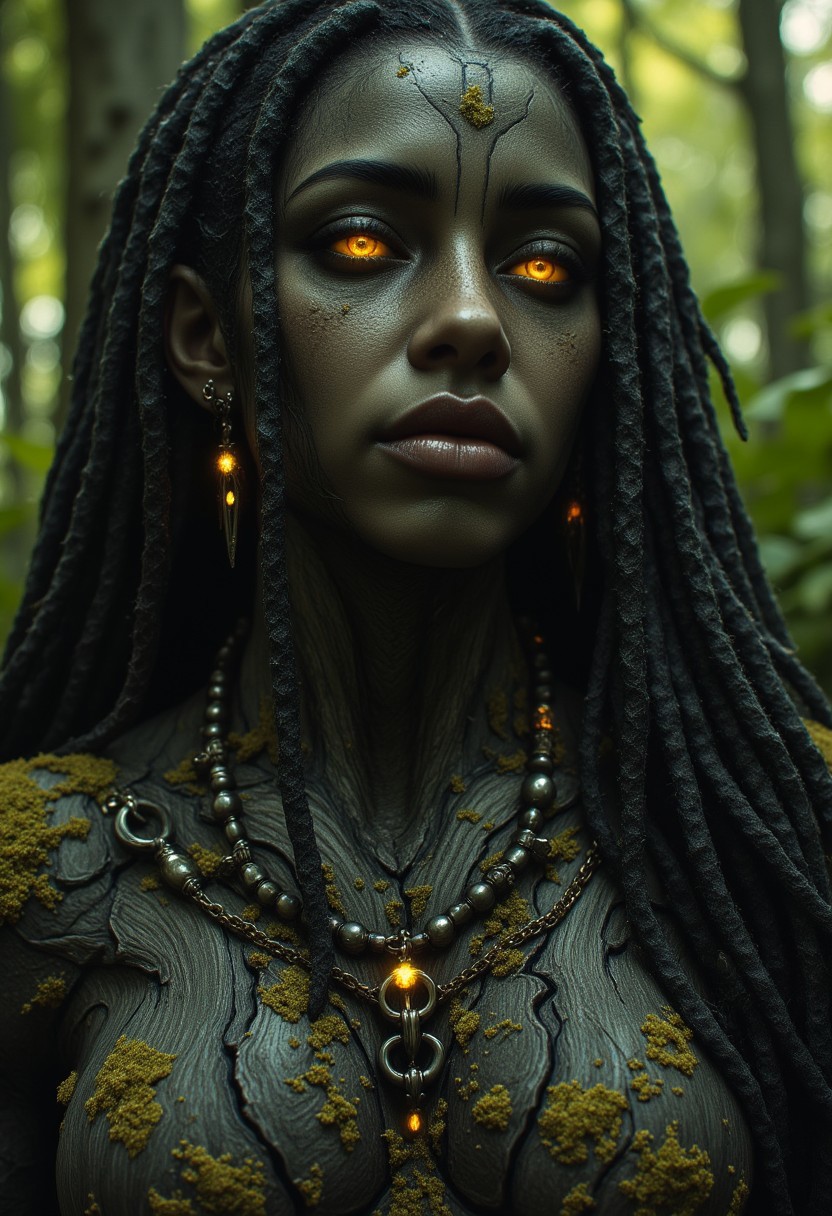 A tightly framed, highly detailed portrait of an ancient female forest guardian, shown from head to shoulders. Her body is sculpted entirely from dark, weathered wood, with a coarse, bark-like texture marked by vertical grain lines, deep cracks, and layered ridges that resemble natural tree bark. Glowing golden sap veins pulse faintly beneath the surface, branching across her collarbones in root-like patterns. Her eyes emit a soft golden light, serene and ancient. Her lips are uneven and carved from the grain itself. Her hair is composed of thick, matted dreadlocks made of fibrous, rope-like strands—twisted and organic, as if naturally formed over time. Moss grows in small patches along her shoulders and the sides of her neck, clinging to her bark like lichen on an old tree. Tiny glowing insects crawl along her dreadlocks and collarbone, emitting a soft bioluminescent glow, their wings delicate and iridescent. A simple circlet of black forest beads hangs across her forehead like a natural crown. Behind her, a softly blurred forest glows with diffused green light and drifting pollen particles. Emphasis on ancient symbiosis, natural beauty, and the quiet power of a sentient being shaped by centuries of wilderness.
