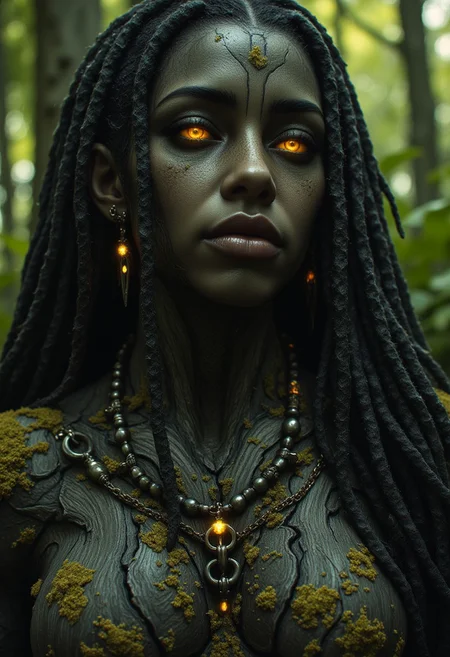 A tightly framed, highly detailed portrait of an ancient female forest guardian, shown from head to shoulders. Her body is sculpted entirely from dark, weathered wood, with a coarse, bark-like texture marked by vertical grain lines, deep cracks, and layered ridges that resemble natural tree bark. Glowing golden sap veins pulse faintly beneath the surface, branching across her collarbones in root-like patterns. Her eyes emit a soft golden light, serene and ancient. Her lips are uneven and carved from the grain itself. Her hair is composed of thick, matted dreadlocks made of fibrous, rope-like strands—twisted and organic, as if naturally formed over time. Moss grows in small patches along her shoulders and the sides of her neck, clinging to her bark like lichen on an old tree. Tiny glowing insects crawl along her dreadlocks and collarbone, emitting a soft bioluminescent glow, their wings delicate and iridescent. A simple circlet of black forest beads hangs across her forehead like a natural crown. Behind her, a softly blurred forest glows with diffused green light and drifting pollen particles. Emphasis on ancient symbiosis, natural beauty, and the quiet power of a sentient being shaped by centuries of wilderness.