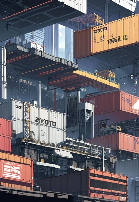 Concept art technical illustration, cyberpunk cityscape, cargo containers, pipes and construction details, cityscape, kyoto, Japan, skyscrapers, signages, various styles of buildings, zoomed out, in style of Otomo Katsuhiro, sci-fi, 2d video game background aesthetics, wild colours, inspired by Akira