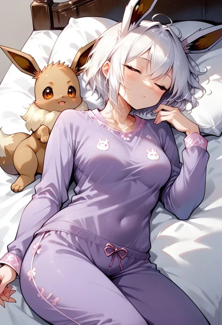 score_9, score_8_up, score_7_up, source_anime, cute Eevee, purple pajamas, short hair, asleep, (fully clothed:1.4), medium breasts, medium hips, in a bedroom, laying on her side in bed, (anthropomorphic eevee:1.2), (detailed image, high resolution, 5k resolution:1.0), (anime art style:0.9)