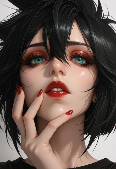 masterpiece, very aesthetic, F4UXM3D14, black hair, solo, parted lips, hair between eyes, looking at viewer, 1girl, short hair, red nails, portrait, eyelashes, lips, red lips, nail polish, bangs, green eyes, blue eyes, aqua eyes, spiked hair, painterly, traditional media, gouache, oil paint, painting, faux traditional media