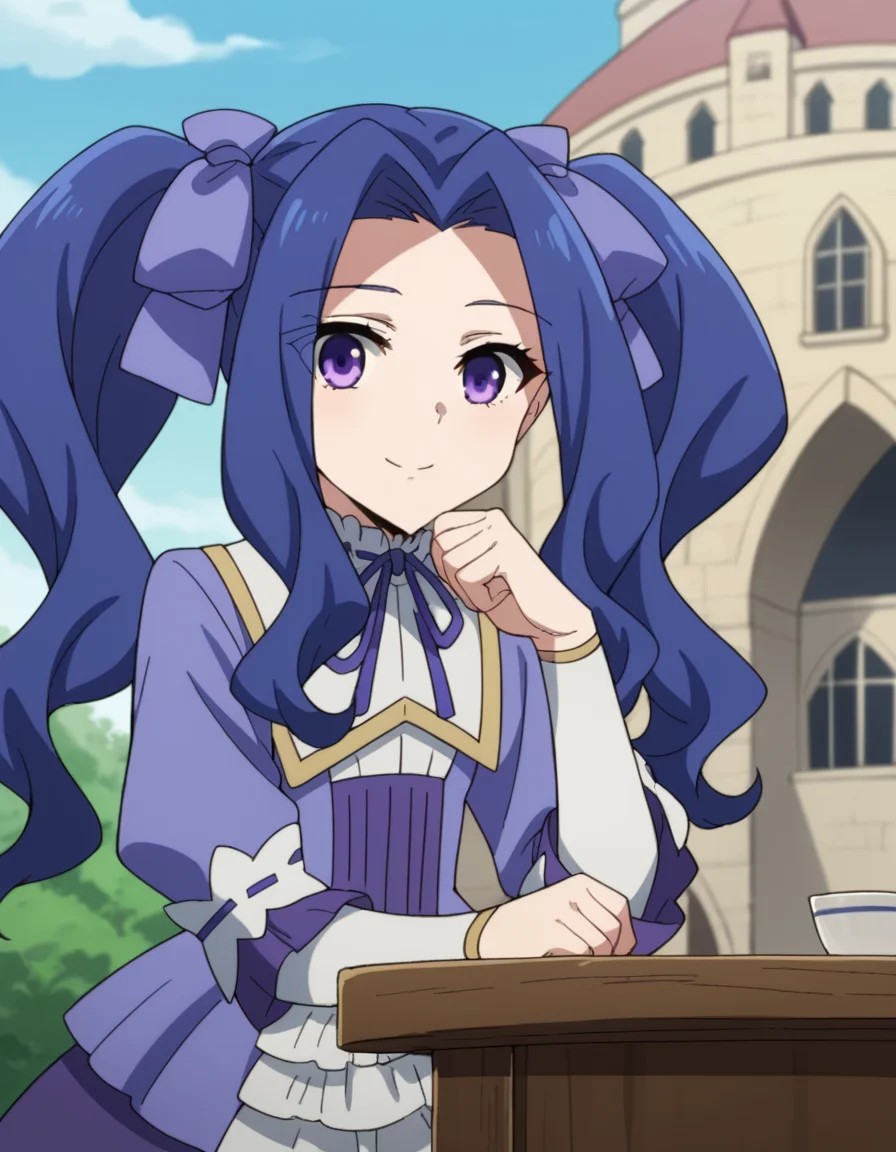 score_9, score_8_up, score_7_up, source_anime, <lora:melty-q-melromarc-s1-ponyxl-lora-nochekaiser:1>, melty q melromarc, long hair, ribbon, twintails, blue hair, purple eyes, hair ribbon, purple ribbon, parted bangs,, long sleeves, dress, frills, ribbon trim, purple dress,, tower, tall, height, view, structure, smile, sitting, elbow rest, table,, looking at viewer, solo,, dutch angle, cowboy shot