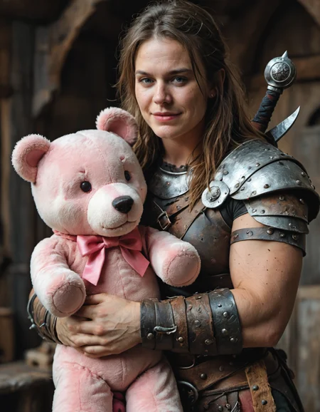 a barbarian warrior, hugging a pink teddy bear, <lora:EldritchCandids1.1.2:0.4> <lora:real_dream_pony_realistic_lora_3:0.4> <lora:MJ52:0.3> <lora:FF.101.juggernautXL_version6Rundiffusion.LORA:0.4> <lora:JuggerCineXL2:0.3>