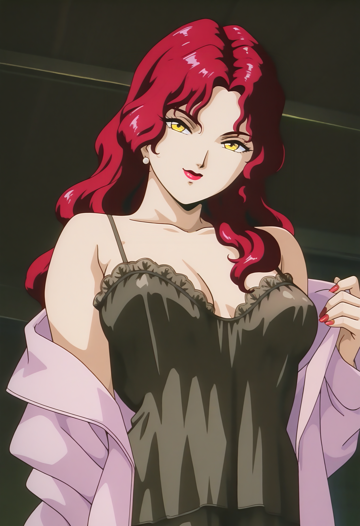 masterpiece, best quality, good quality, <lora:ISTAUtakoDaigoIL:1>, ISTAUtakoDaigo, 1girl, red hair, long hair, yellow eyes, lipstick, medium breasts, white earrings, red nails,
nightgown, see-through, undressing, pink jacket, off shoulder, 
looking at viewer, seductive smile, 
BREAK indoors, dark background,