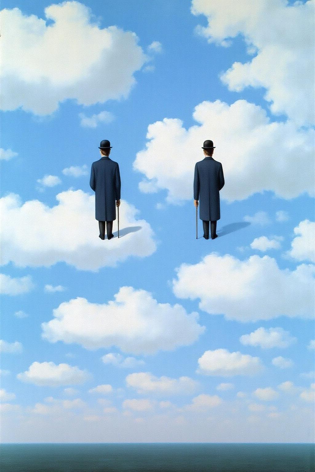 renemag1 painting.
two tiny figures of men floating in the sky. Both men are show in back view, facing away from the viewer. They are dressed in long, dark overcoats and bowler hats, with one man holding a cane. The sky is a bright blue with fluffy, white clouds scattered throughout, giving a serene and dreamlike atmosphere.
 <lora:renemag1_cap_d6a3:1.0><lora:829577537710619354:0>