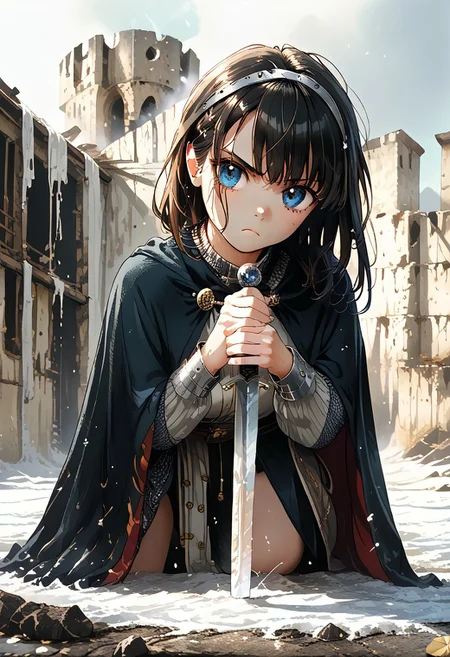 (score_9, score_8_up, score_7_up, score_6_up highest score, best quality:1.2), zPDXL3, good_hands, hi-res. 8k, adult, 1girl, black hair, medium hair, blue eyes, serious, standing BREAK <lora:Knighthood_Templars_PONY_edition:1> templar knight, chainmail, cape, holding sword, full body, BREAK <lora:Both hand planted sword (pony) v1:1> both-hand-hilt, planted sword, hands on hilt, holding sword BREAK column, ancient ruins (outdoors:1.3), front view, (high quality:1.1), (ultra detailed:1.4),
, <lora:pony_good_hands:0.7>, <lora:add-detail-xl:1>, <lora:xl_more_art-full_v1:0.5>