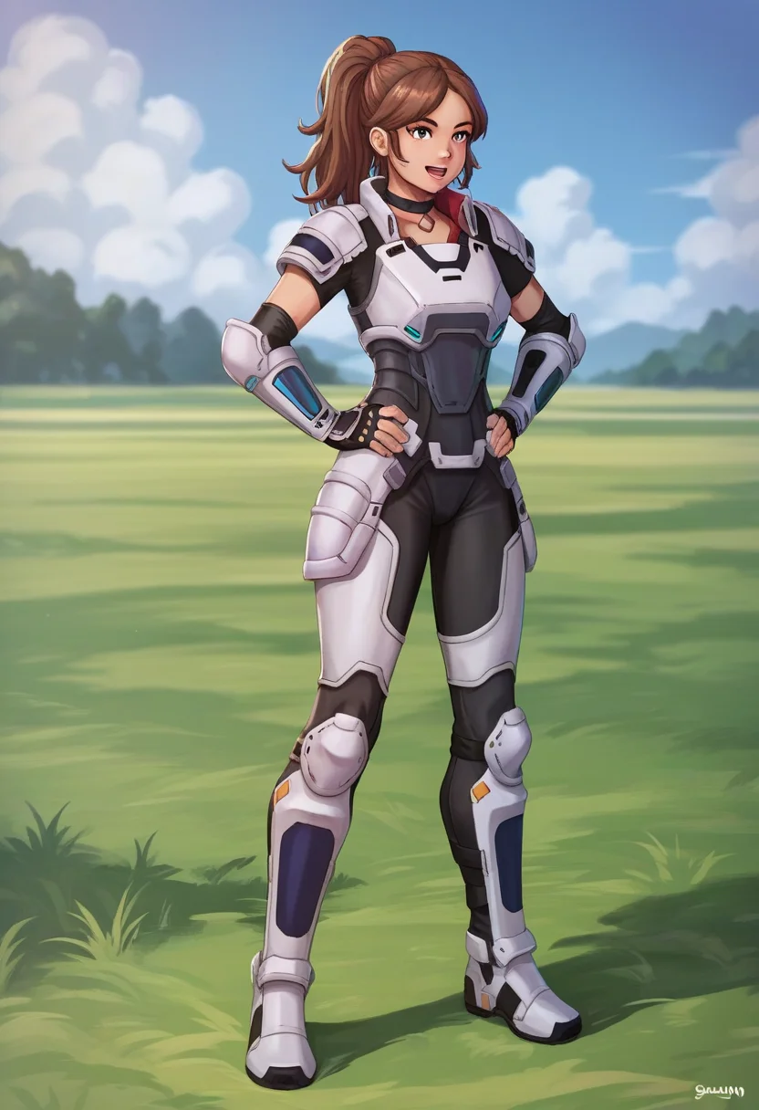 score_9,score_8_up,score_7_Up,source_anime,1girl,selacodawn, <lora:SelacoDawnPony:0.8>, (solo:1.2),standing,hands on hips,armor,bodysuit,choker,boots,full body,happy,:d,outdoors,in field,brown hair,ponytail