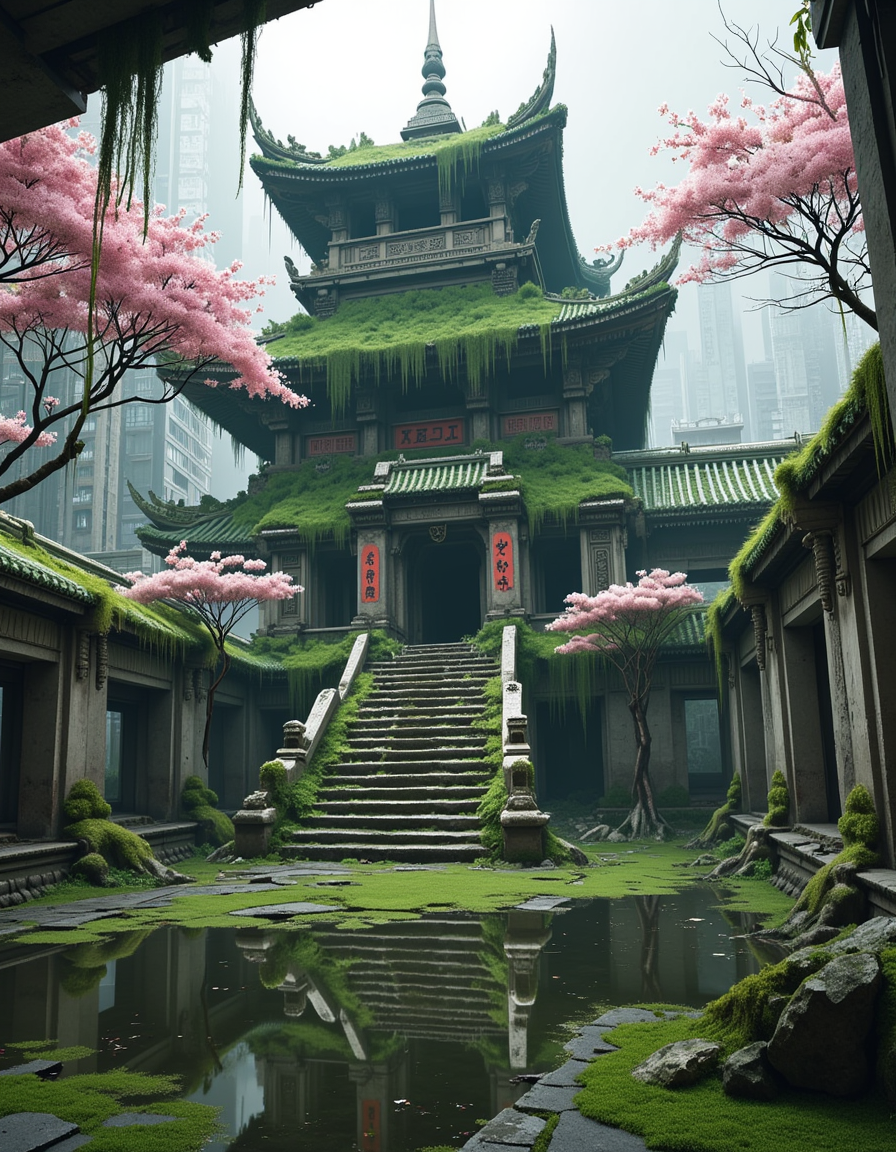 <lora:City_Worlds_02__Lost_-_Temple:1> cw02lost, abandoned, ancient overgrown temple in futuristic city ruins, multi-tiered east asian pagoda structure, lush moss covering rooftops, cherry blossom trees blooming in foreground, broken stone steps, shallow reflective water pools, overcast lighting, cinematic framing, intricate architectural details, realistic textures, ultra-detailed, hyper-realistic, 4k