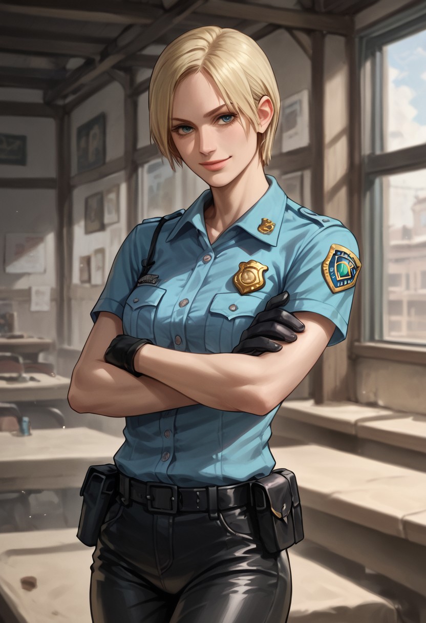 Score_9_up, score_8_up, score_7_up, score_6_up, source_realistic, cowboy shot, BREAK 1girl, cybilbennett, blonde, short hair, blue police shirt, badge, black leather pants, gloves, crossed arms, half smile,