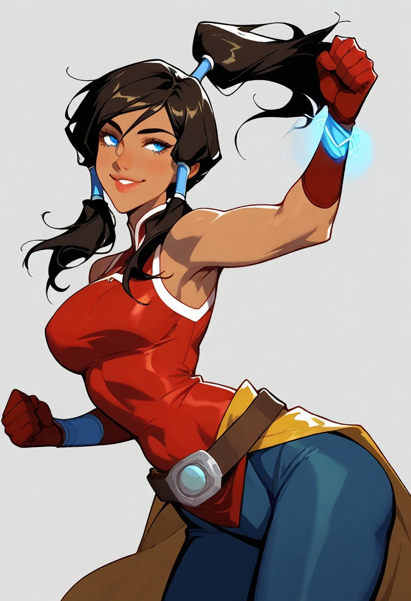 4RCH0N, Jabstyle, Expressiveh, Score_9, score_8_up, score_7_up, score_6_up, dynamic pose, KOrra, ,1 young woman, solo, femenine, blue eyes, brown eyelashes, brown hair, long hair, ponytail, dark skin, dark-skinned female, hair tubes, topknot,, tiny waist, perfect waist to hip ratio, flat stomach, eyesHD, detailed eyes, orgasmic look, smile, female focus, perfect face, perfect anatomy, perfect legs, detailed eyes, high definition eyes, most erotic picture in the world, medium breasts, firm breasts, (intricate detailing:1.6 faces & eyes & ears & nose & lips & skin & curves & shapes & body parts & anatomy),(wearing: bodysuit, red gloves, belt), sexy, (seductive-pose:1.4), shikairo days dance, shikairo days dance (meme), dancing, meme, clenched hands, glowsticks, smile, cowboy shot, blank background, seductive, innocent, sharp, rating_explicit
