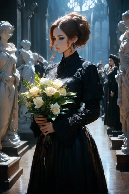 masterpiece,high score,great score,absurdres, a marble sculpture, <lora:tw1l1ght:1>,(tw1l1ght, realistic, depth of field, movie still, Clarice Beckett, international gothic, concept art),holding bouquet, .