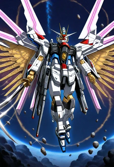 <lora:dmd2 4 steps color fix:1>
<lora:spo_sdxl_10ep_4k-data_lora_webui:1>
<lora:Mighty_Strike_Freedom_Gundam_Mobile_Suit_Gundam_SEED_Freedom:1.5>
<lora:TrendCraft_The_Peoples_Style_Detailer-v1.0A-3_13_2025-illustrious:1>
<embedding:lazypos> 
lazypos, anime, 1other, solo, solo_focus, mecha focus, mighty strike freedom gundam, mecha, robot, mobile suit, yellow eyes, blue eyes, holding sword, katana, looking down at viewer, floating, flying, landing, from below, space station, space, asteroid, dutch angle