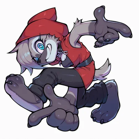 score_9, score_8_up, score_7_up, score_6_up, anthro,, anthropomorphic grey hyena, female, black collar, 1girl, grey fur, blue eyes, (red hood:1.3), black sleeveless, black work pants, hands on own head, looking at viewer, grin, teeth, full body, sonic adventure pose