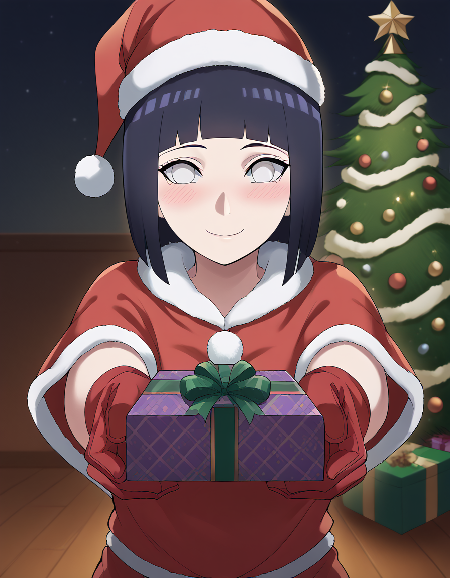 score_9, score_8_up, score_7_up, source_anime, <lora:hinata-hyuuga-boruto-anime-ponyxl-lora-nochekaiser:1>, hinata uzumaki, hyuuga hinata, short hair, bangs, black hair, blunt bangs, white eyes, mature female, large breasts,, <lora:santa-costume-ponyxl-lora-nochekaiser:1>, santa costume, santa hat, christmas, sack, merry christmas, gift, fur-trimmed headwear, holding sack, santa dress, fur-trimmed dress, christmas tree, christmas tree, fur trim, red capelet, gift box, red gloves, fur-trimmed capelet, santa gloves, red hat, hat,, smile, blush, looking at viewer, <lora:incoming-gift-ponyxl-lora-nochekaiser:1>, incoming gift, outstretched arms, holding, holding gift, gift, gift box,,