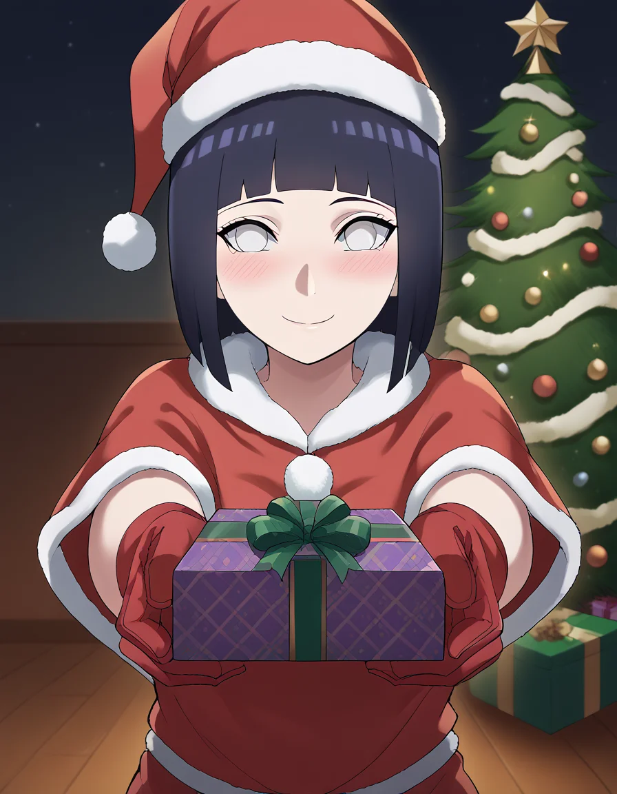 score_9, score_8_up, score_7_up, source_anime, <lora:hinata-hyuuga-boruto-anime-ponyxl-lora-nochekaiser:1>, hinata uzumaki, hyuuga hinata, short hair, bangs, black hair, blunt bangs, white eyes, mature female, large breasts,, <lora:santa-costume-ponyxl-lora-nochekaiser:1>, santa costume, santa hat, christmas, sack, merry christmas, gift, fur-trimmed headwear, holding sack, santa dress, fur-trimmed dress, christmas tree, christmas tree, fur trim, red capelet, gift box, red gloves, fur-trimmed capelet, santa gloves, red hat, hat,, smile, blush, looking at viewer, <lora:incoming-gift-ponyxl-lora-nochekaiser:1>, incoming gift, outstretched arms, holding, holding gift, gift, gift box,,