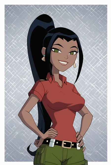<lora:kai-10:1> kai, 1girl, black hair, long hair,red shirt, dark skin, short sleeves, green shorts , dark big lips,  solo,  banana breasts, wide hips, hair bang, long ponytail,  ((leaning to side)), hand on hips, looking at viewer, ear piercing,  half closed eyes, smile, , <lora:Expressive_H:1> Expressiveh <lora:Ben_10_Omniverse:1>, utility belt, tool belt, smile, teeth, masterpiece, best quality, amazing quality, very aesthetic, absurdres, newest,, portrait, halftone effect, white borders, abstract background:1.2,