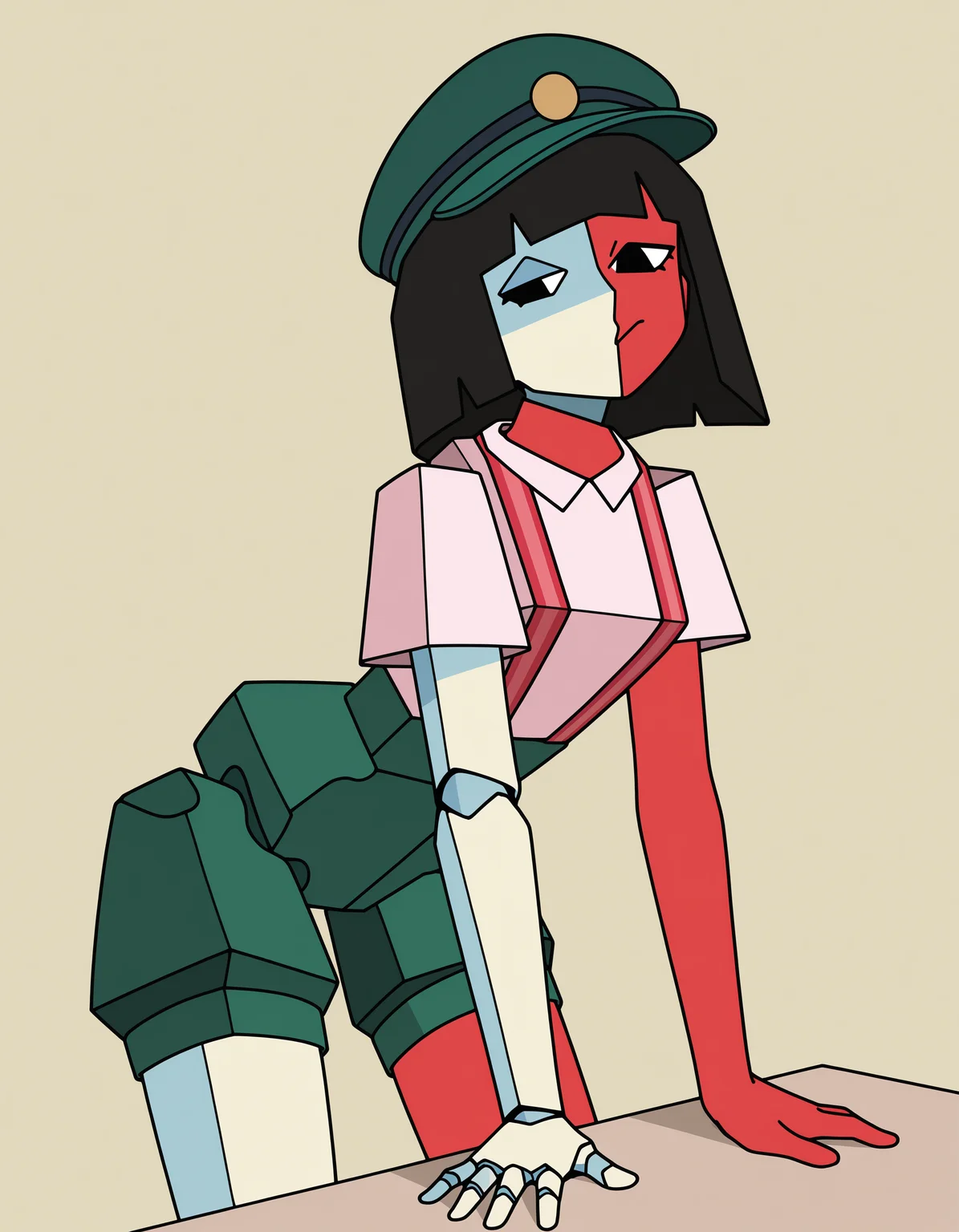 <lora:ENABBQILXL_V1T4:0.8> ena, 1girl, solo, white skin, red skin, multicolored skin, split color, short hair, bob cut, black hair, green hat, collared shirt, short sleeves, suspenders, green shorts, low poly, geometric body, asymmetrical design, triangular eyes, segmented joints, very aesthetic, absurdres, looking at viewer, (dynamic pose:1.1)