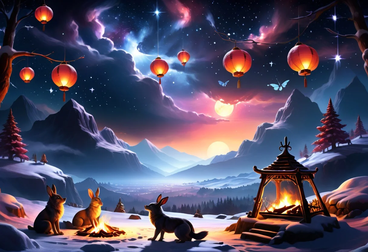 A fantasy snow landscape with rabbits and wolves, Snowfall at sunset, lanterns by the wayside, colorful butterflies flying past, a campfire burns in the distance
scenery,landscape,starry sky, sky, night,4esthet1c, <lora:AestheticSceneSDXL:0.8>