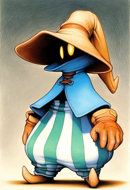 masterpiece, best quality, solo, 1boy, looking at viewer, <lora:Ziggy-illus_Fp:1>, ziggy, yellow eyes, shaded face, faceless, no mouth, wizard hat, striped pants, cloak, robe, gloves, puffy pants, colored pencil \(medium\),