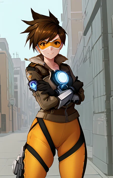 best quality, 1girl, brown eyes, standing, smile, city, (yellow legwear:0.8), daytime, corneo_tracer