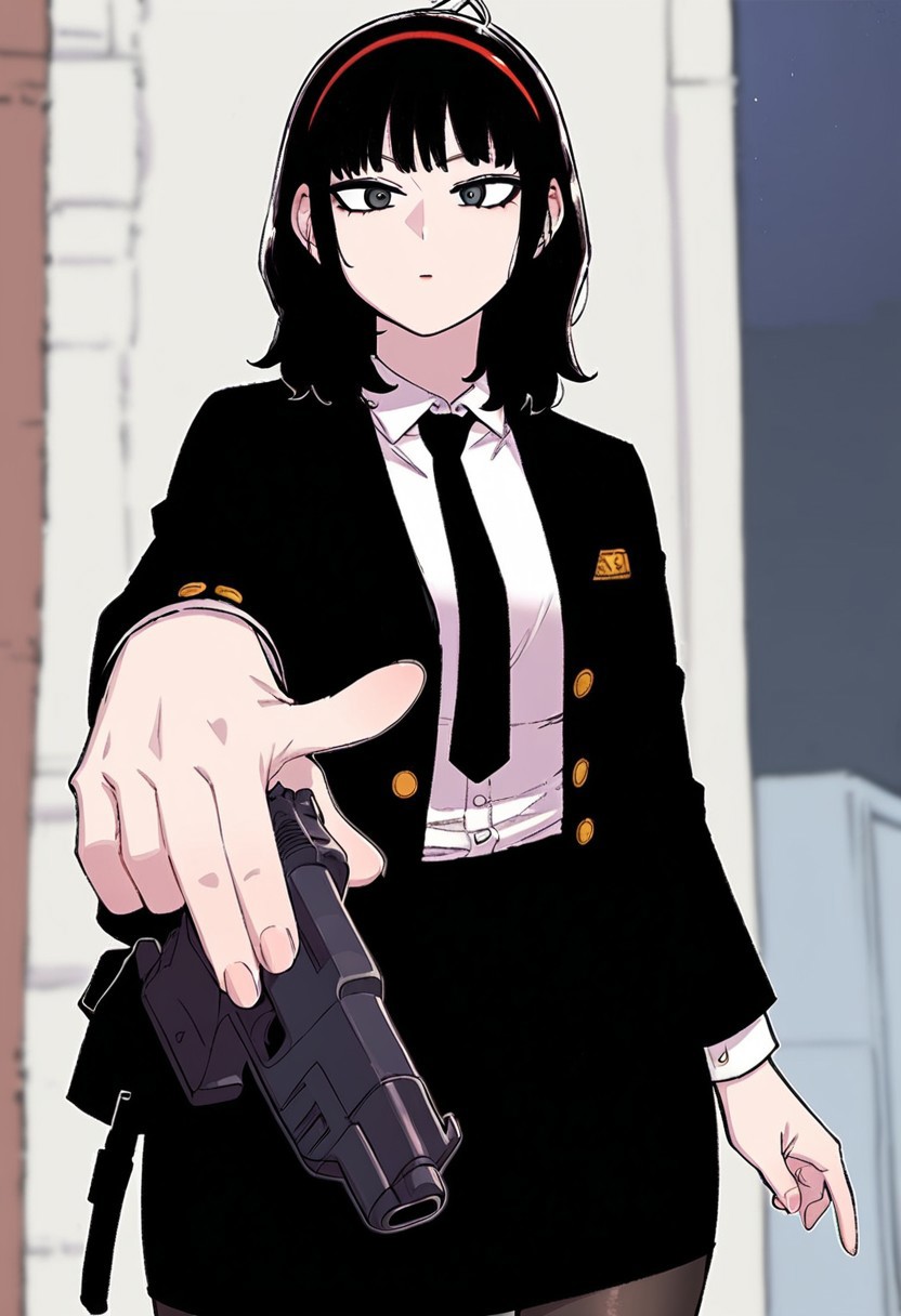 score_9, score_8_up, score_7_up, score_6_up, (cartoon art:1.1), rating_explicit, 1girl, solo, huge breasts, <lora:Seol Hyo-rim prefectPonyxl:0.85> black hair, gray eyes, black eyes, medium hair, red hairband, straight bangs, black tie, black jacket, collared shirt, white shirt, pencil skirt, black skirt, black tights, expressionless, with a gun in her hand, pointing the gun at the viewer, street, outdoors, looking at the viewer