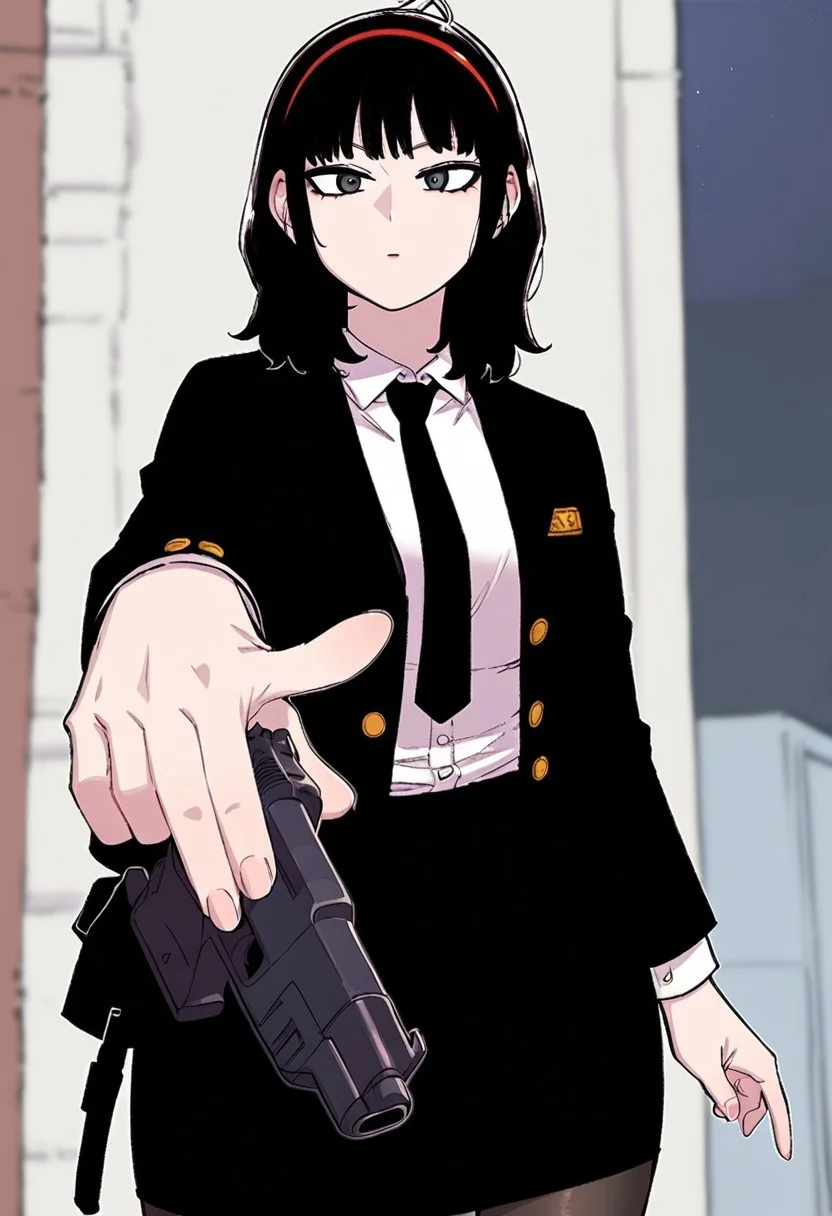 score_9, score_8_up, score_7_up, score_6_up, (cartoon art:1.1), rating_explicit, 1girl, solo, huge breasts, <lora:Seol Hyo-rim prefectPonyxl:0.85> black hair, gray eyes, black eyes, medium hair, red hairband, straight bangs, black tie, black jacket, collared shirt, white shirt, pencil skirt, black skirt, black tights, expressionless, with a gun in her hand, pointing the gun at the viewer, street, outdoors, looking at the viewer