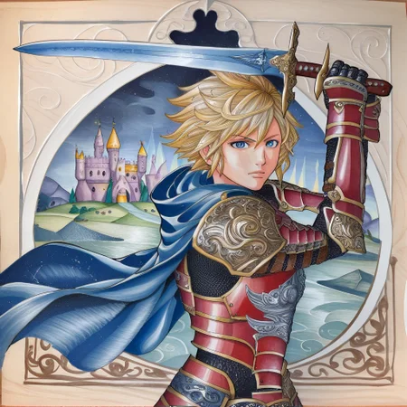 freebo_piercing, sword, sword held up defensively, high stance, solo, front view, looking at viewer, 1girl, anime, armor, holding sword, blond hair, short hair, blue eyes, cape, fantasy castle, freebo_alloy, abstractionism, brush stroke, traditional media, side view, looking at viewer