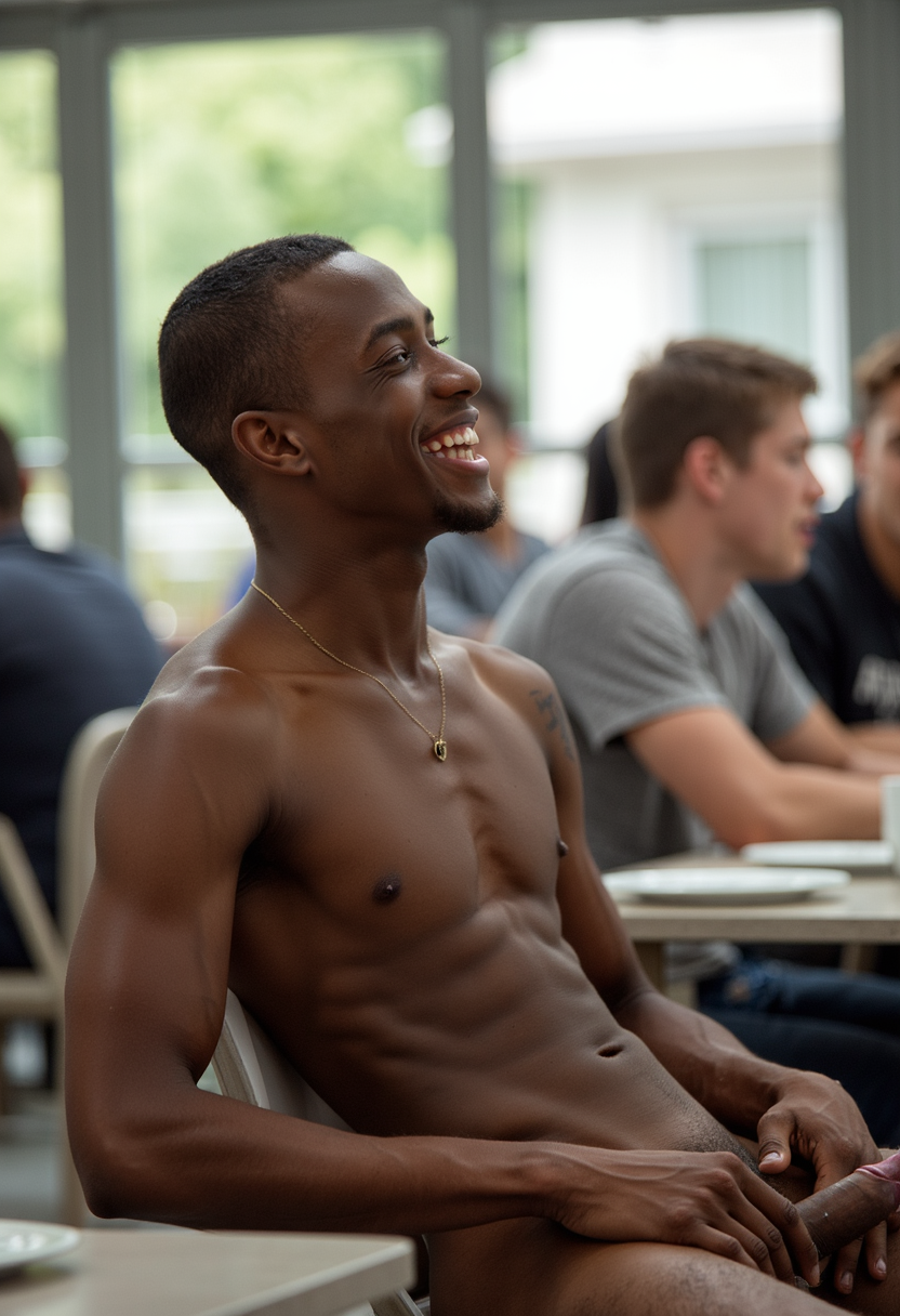 A dark-skinned African man with a lean, muscular frame, close-cropped hair, with a very long penis, and gold piercings in both ears laughs with a friend while sitting nude in the cafeteria of a university. His posture relaxed, resting his hands flat on the chair, leaning back slightly. The background shows plastic trays, other student in streetwear chatting, and sunlight pouring in through wide windows. <lora:AndroCore-1.4:1>