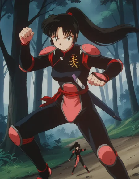 score_9, score_8_up, score_7_up, source_anime,
inuyashasango, <lora:inuyasha-sango-ponyxl-lora-nochekaiser:1>,
sango, long hair, black hair, brown eyes, retro artstyle,
ponytail, armor, bodysuit, pilot suit,
outdoors, forest, nature,
looking at viewer, fighting stance,