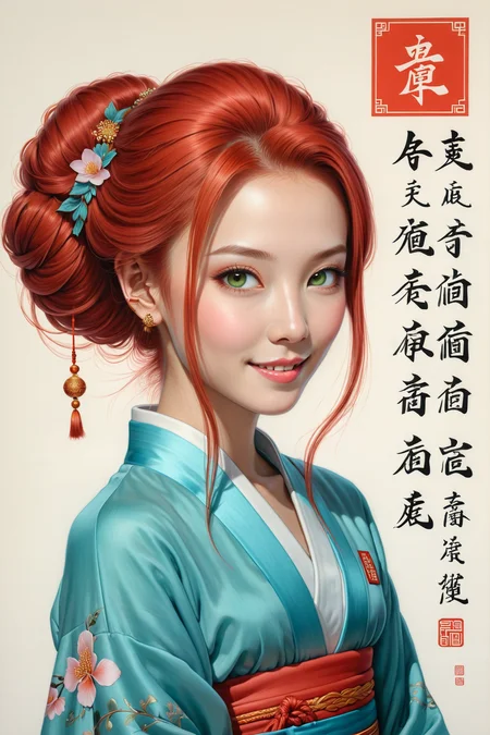 by Mab Graves and Tara McPherson and Adrianus Eversen in the style of Miho Hirano and Eddie Mendoza, pastel drawing <lora:pastel_drawing:1.00> , Chinese character, red_haired <lora:more_art:0.35> <lora:RMSDXL_Enhance:0.50> <lora:RMSDXL_Creative:0.50> <lora:RMSDXL_Photo:0.50> <lora:RMSDXL_Darkness_Cinema:0.50> <lora:clothing_slider:1.50> <lora:great_lighting:1.50> <lora:aesthetic:1.50> <lora:looking_at_viewer:1.50> <lora:photorealistic_portrait_v2:0.25> <lora:attractive_v2:0.15> <lora:extremely_detailed_v2:0.25> <lora:add_detail:0.25> <lora:perfect_eyes:0.25> <lora:perfect_hands:0.50> <lora:midjourney:-0.15>