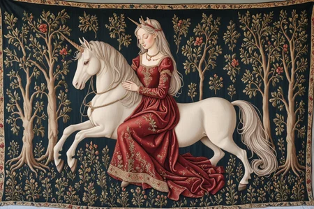 dark red, a woman hugging a unicorn, a little bit of magic, medieval tapestry style, hyper realism, 1400s, ultra detailed, intricate detail, silk thread, wool thread, metal thread, visible stitching, complex background, <lora:Wolvie_Concept_Tapestry_SDXL_v1.2:1>