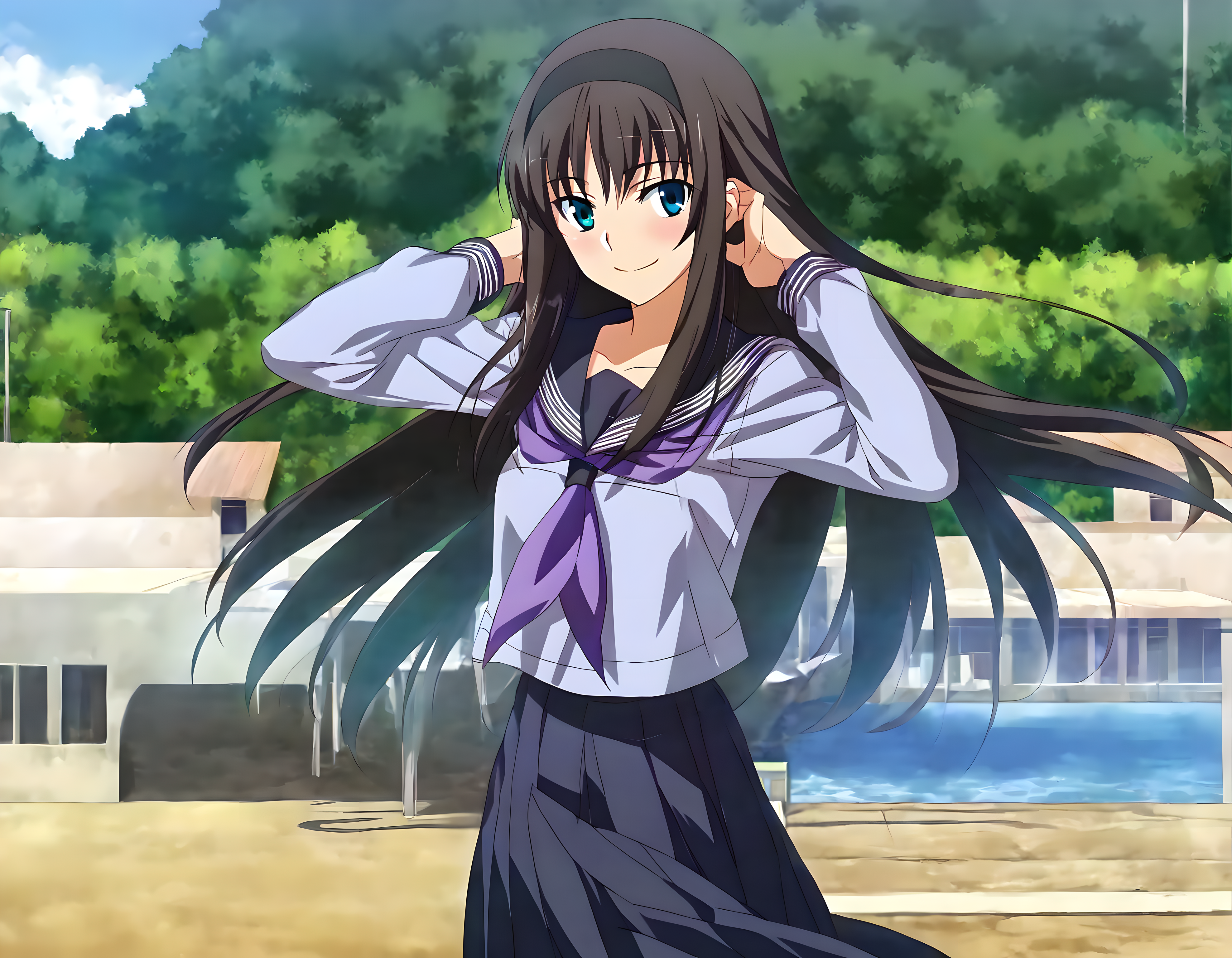 <lora:pony_xl_akiha>,akiha,best quality,masterpiece,super fine illustration,1girl,solo,looking at viewer,school uniform,sailor collar,serafuku,blue shirt,long sleeves,purple neckerchief,blue neckerchief,black skirt,pleated skirt,smile,:d,light_blush,in summer,plateau,looking_at_viewer,cowboy_shot,looking_back,hair fluttering in the wind,hair_flaps,
