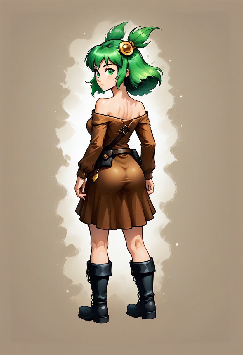 ,score_9,score_8_up,score_7_up,score_6_up,score_5_up,
1girl, Anna, (/Epic Battle Fantasy)/,(ultra HD quality details), green hair, green eyes, medium hair, multiple ponytails, hair ornament,
brown dress, long sleeves, bare shoulder, leather bag, satchel pouch bag, satchel bag, pouch bag, bare legs,
black boots, boots, black boot belt, black pouch bag,
, digital illustration, disney, rule 63, full body, perfect anatomy, perfect face, butt showing esthetically, abstract beauty, beautiful, centered, looking at the camera, approaching perfection, dynamic, moonlight, highly detailed, watercolor painting, artstation, concept art, smooth, sharp focus, illustration, 
(upper body:1.2), (close up:1.5), portrait,
