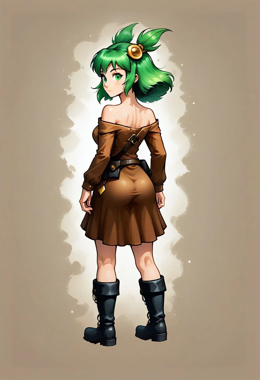 ,score_9,score_8_up,score_7_up,score_6_up,score_5_up,
1girl, Anna, (/Epic Battle Fantasy)/,(ultra HD quality details), green hair, green eyes, medium hair, multiple ponytails, hair ornament,
brown dress, long sleeves, bare shoulder, leather bag, satchel pouch bag, satchel bag, pouch bag, bare legs,
black boots, boots, black boot belt, black pouch bag,
, digital illustration, disney, rule 63, full body, perfect anatomy, perfect face, butt showing esthetically, abstract beauty, beautiful, centered, looking at the camera, approaching perfection, dynamic, moonlight, highly detailed, watercolor painting, artstation, concept art, smooth, sharp focus, illustration,
(upper body:1.2), (close up:1.5), portrait,