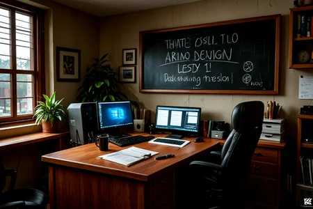 <lora:pytorch_lora_weights_361535:1>,Industrial Style Home Office, a stylish industrial home office with exposed brick walls, a metal desk, and a comfortable leather chair. The room features modern lighting, wooden shelving, and a large wall-mounted chalkboard for project planning.,no human,, Masterpiece,best quality,realistic,HDR, 8K, masterpiece, best_quality, absurdres, ultra-detailed, highly_aesthetic, depth_of_field