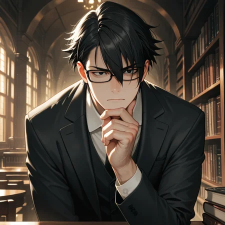 masterpiece, best quality, amazing quality, absurdres, newest, detailed background, definition so sharp, Ultra-HD, 8K cinematic, very awa, impressionate, amazing quality, highres,
solo, male focus, manly,
saruhikofushimi, saruhiko_black hair, saruhiko_black eyes, 1boy, short hair, glasses, looking at something off-screen, intrigued expression, hand on chin, suit, dim lighting, library, books, serious, intelligent, cool, charming