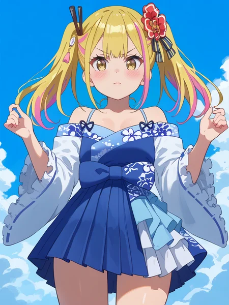 score_9, score_8_up, score_7_up, score_6_up, score_5_up, score_4_up, source_anime,,cinematic shadow, character focus, detailed skins,(cowboy shot:1.4),body blush,<lora:StS_PonyXL_Detail_Slider_v1.4_iteration_3:4>, <lora:Sara_Da_Odin__Henjin_no_Salad_Bowl_:1>,saraodin, multicolored hair, blonde hair, long hair, streaked hair, pink hair, twintails, hair ornament,hair flower,hair ribbon, bangs, yellow eyes,child,flat chest,saradress, off-shoulder dress, collarbone,floral print, wide sleeves,ribbon, frilled dress,frills,blue pleated skirt,bow, japanese clothes,bow,dynamic pose,