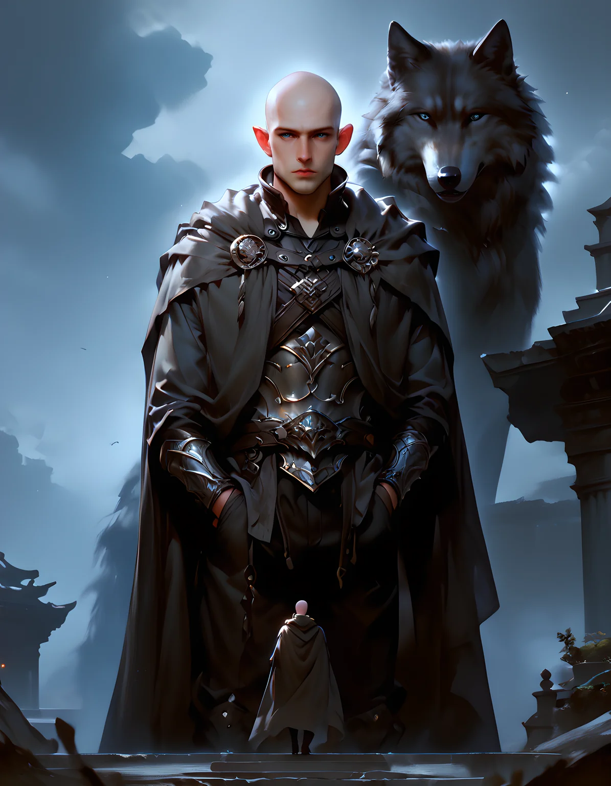 score_9, score_8, score_7, cowboy shot, 1boy, dai_solas,elf, bald, BREAK, oversized animal, black_wolf, black wolf, CONCEPT_Oversized_Animal_ownwaifu wolf, BREAK, cape, furs, pauldron, standing, dim lighting, perfect quality, high quality, sitting, At night, <lora:DAI_Solas:0.7>